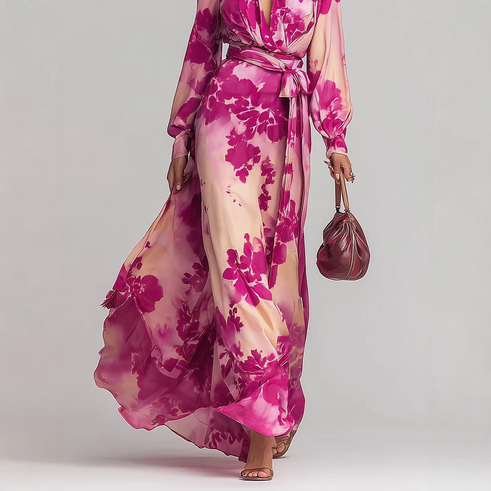 Women's floral printed chiffon maxi dress with long sleeves, V-neck, and tie-up waist by FitiqueFit.