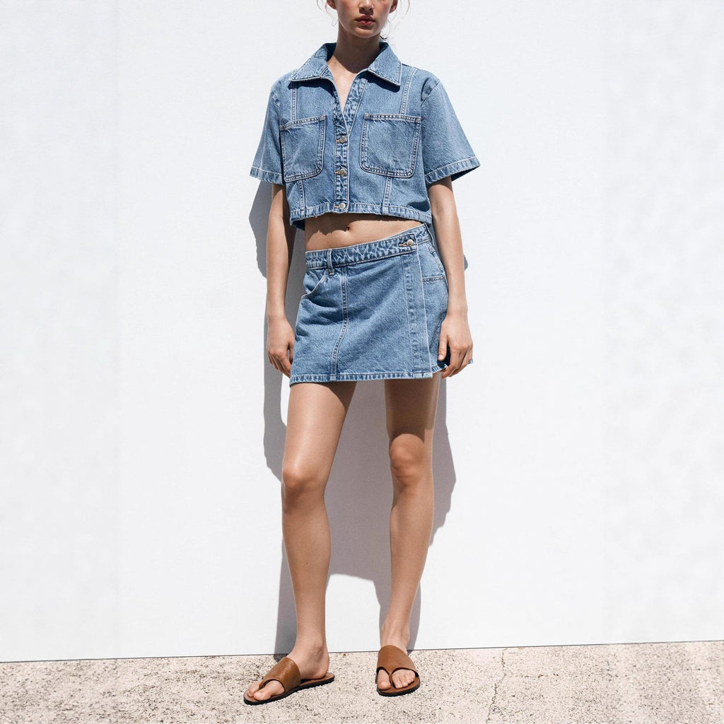 Women's loose denim shirt-dress and pants two-piece set by FitiqueFit, featuring casual cotton fabric and relaxed fit.
