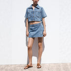 Women's loose denim shirt-dress and pants two-piece set by FitiqueFit, featuring casual cotton fabric and relaxed fit.