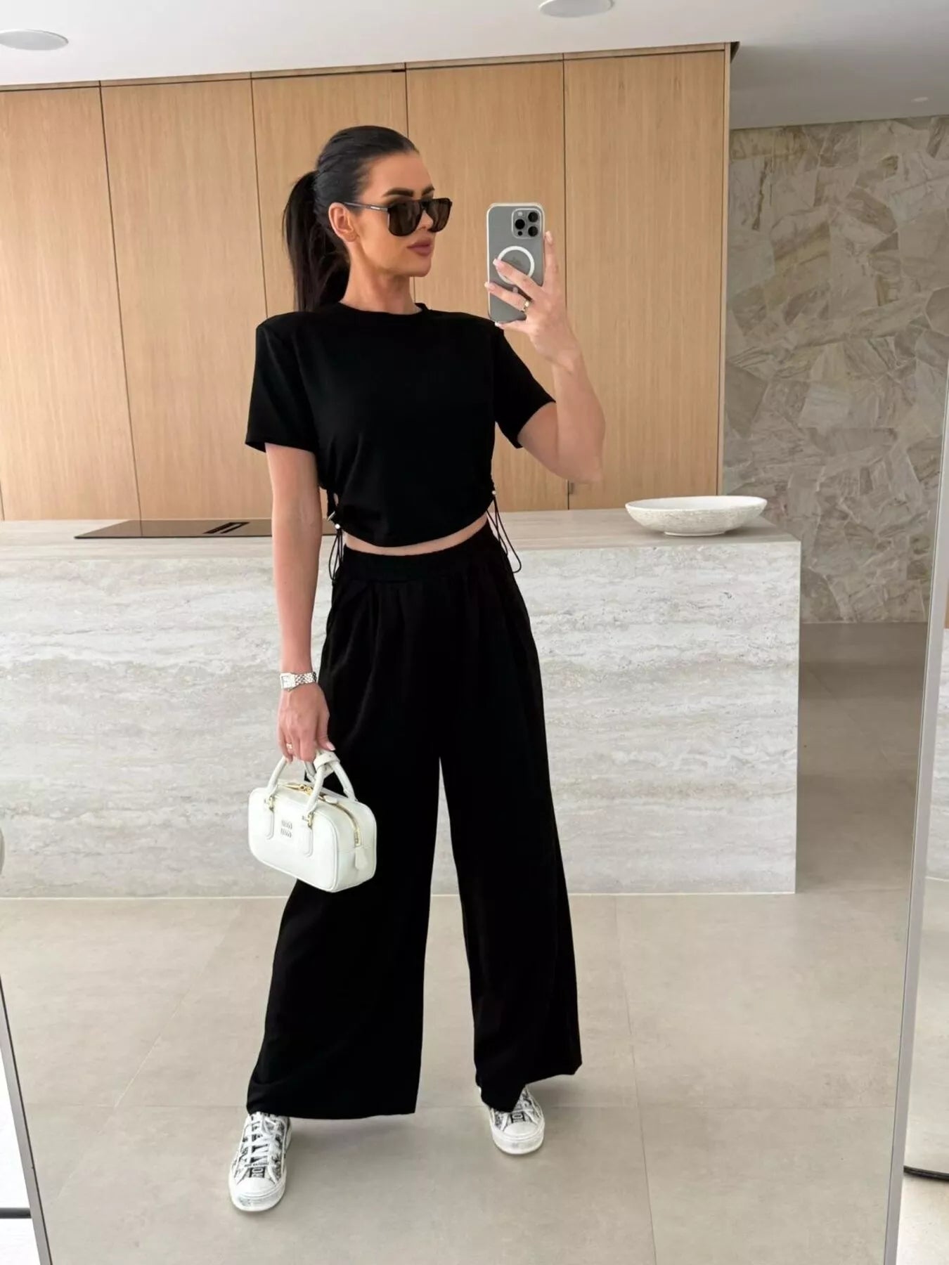 Shopimist drawstring crop top and wide-leg pants set, two-piece outfit with casual style and comfortable fit.