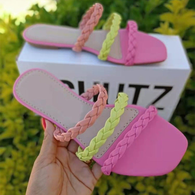 Plus size flat woven hollow slippers from Plush Fashion Hub, women's beach sandals with color-matching design and comfortable fit.