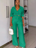 Shopimist tie-front top and wide-leg pants set, featuring a stylish tie-front blouse and flowy, high-waisted wide-leg pants.