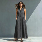 Women's FitiqueFit stand-collar A-line maxi dress with a flowy silhouette, perfect for resort and vacation style.