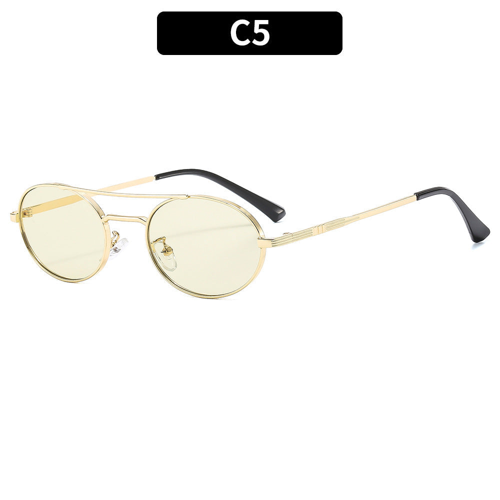 Retro oval dual-beam metal sunglasses with UV protection, stylish eyewear featuring a vintage design and metal frame.