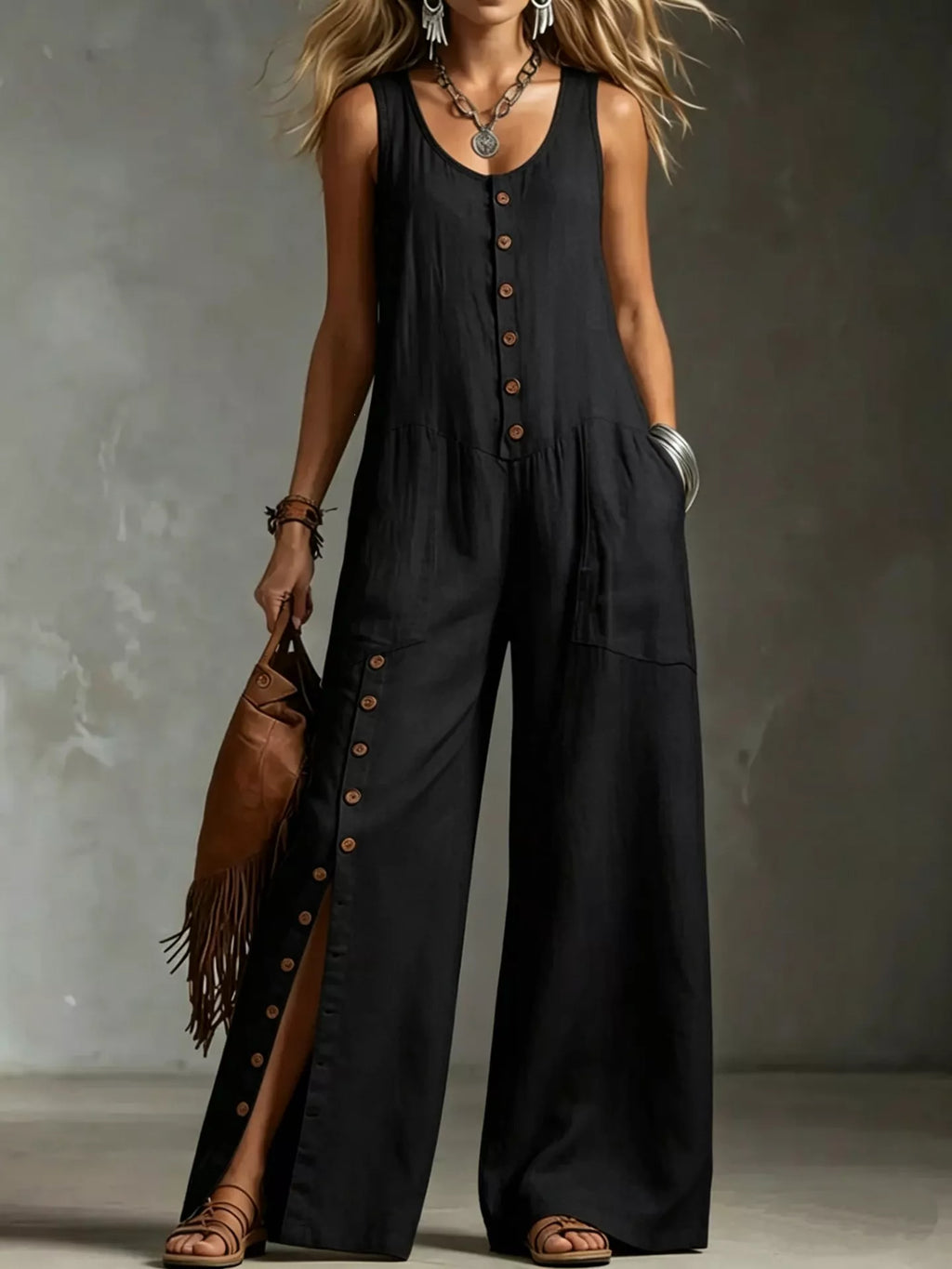 Plus size sleeveless button-front jumpsuit with wide legs, from Shopimist, featuring a full-length, stylish, and comfortable design.