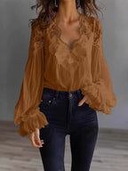 Lace-panel puff sleeve pleated ruffle ballet-style shirt from Plush Fashion Hub, featuring delicate lace details and elegant puff sleeves.
