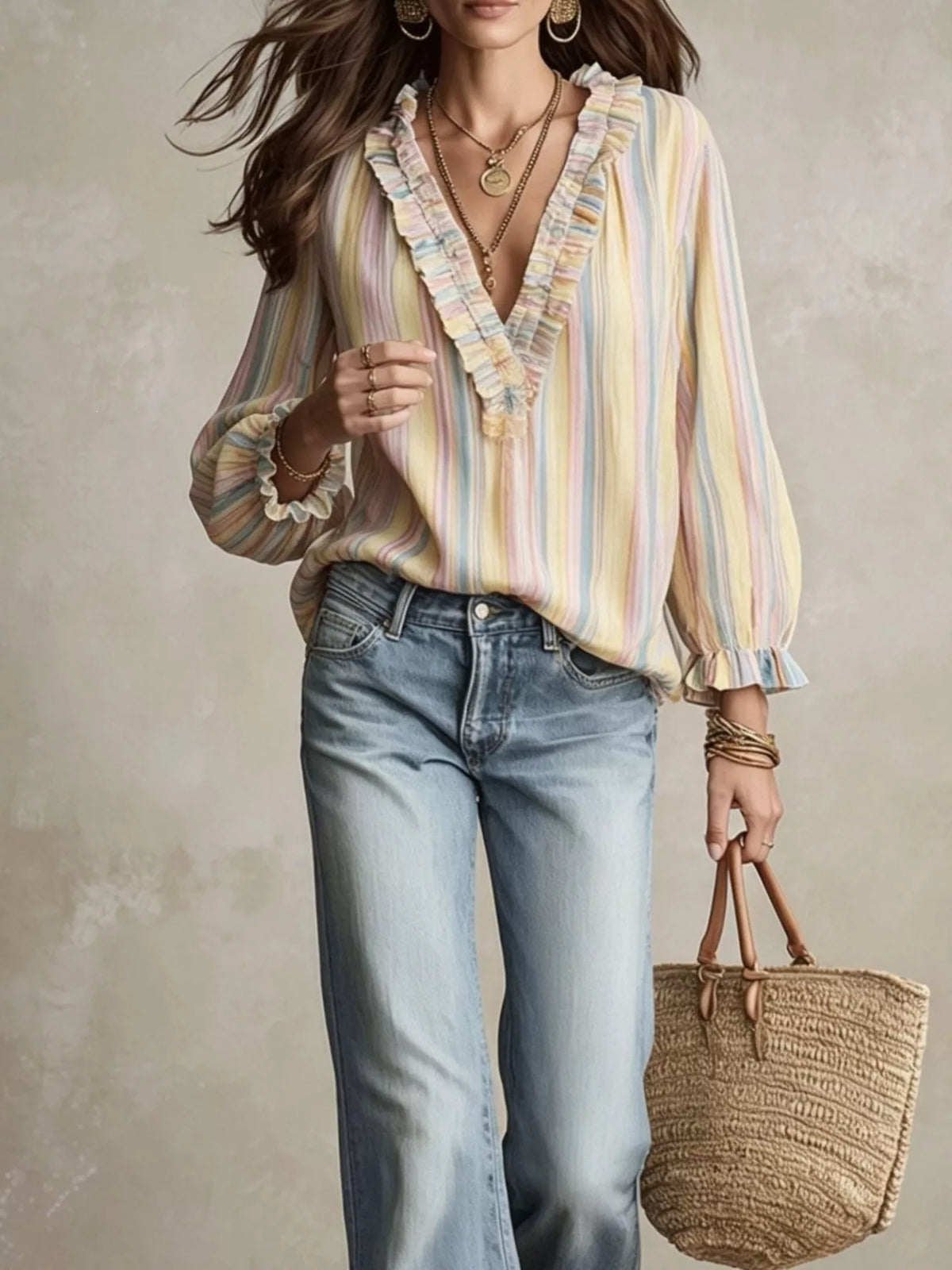 Striped ruffle-trim V-neck blouse by Trendsi featuring a stylish design and lightweight fabric.