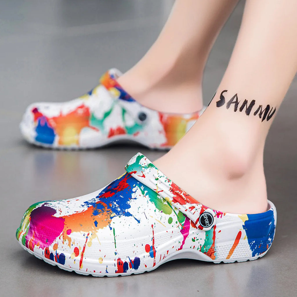 Colorful men's paint splash sandals by Trendsi featuring vibrant, artistic design and comfortable footwear style.
