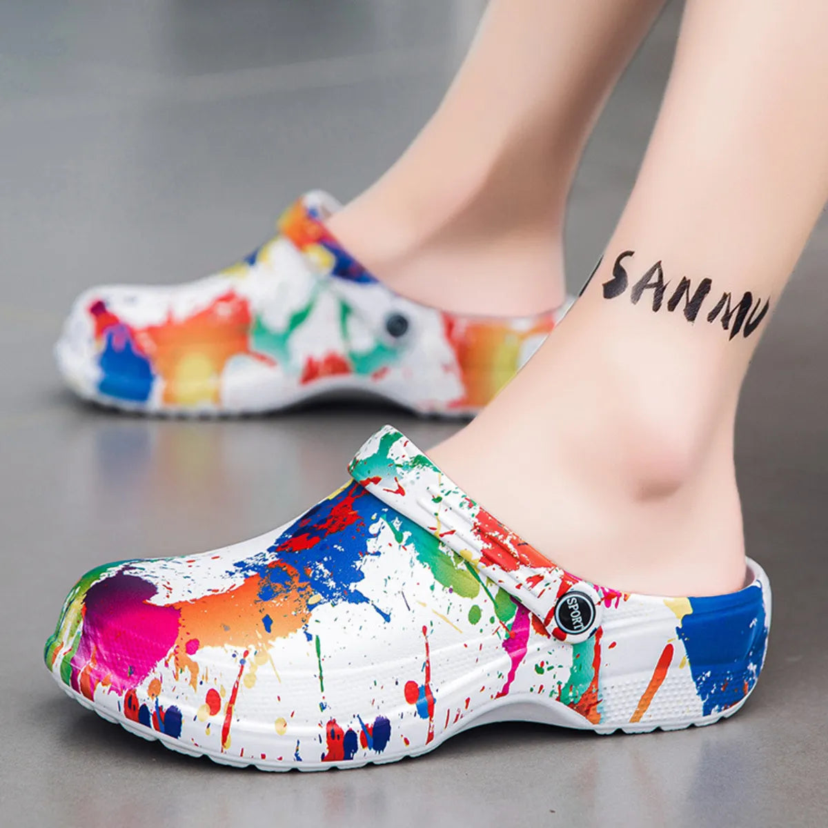 Colorful men's paint splash sandals by Trendsi featuring vibrant, artistic design and comfortable footwear style.