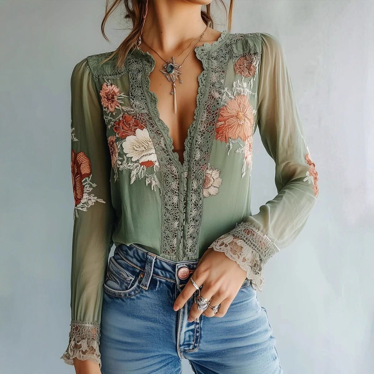 Women’s V-neck floral print blouse by Plush Fashion Hub, casualwear featuring colorful blossom design and lightweight fabric.
