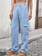 High-waisted cargo denim jeans from Plush Fashion Shop, featuring multiple pockets and a relaxed fit on a model.