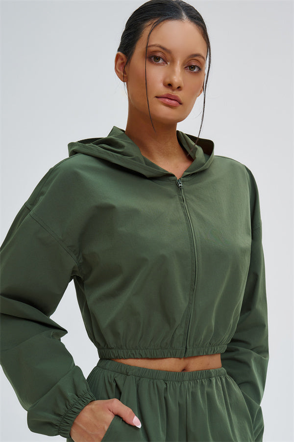 Svelte UV protection crop hoodie by Fitglutes Activewear, showing a lightweight, fitted hoodie with UV protection fabric and sporty design.