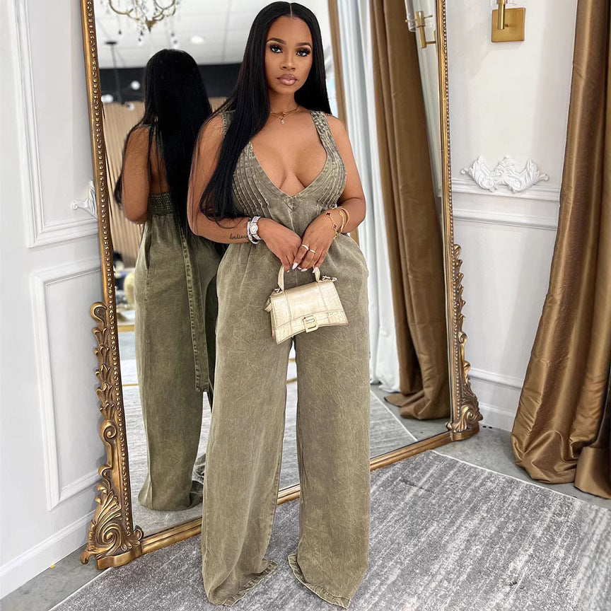 Eprolo women's denim jumpsuit with backless design, sleeveless, solid color, loose fit, overall dress style, casual and stylish.