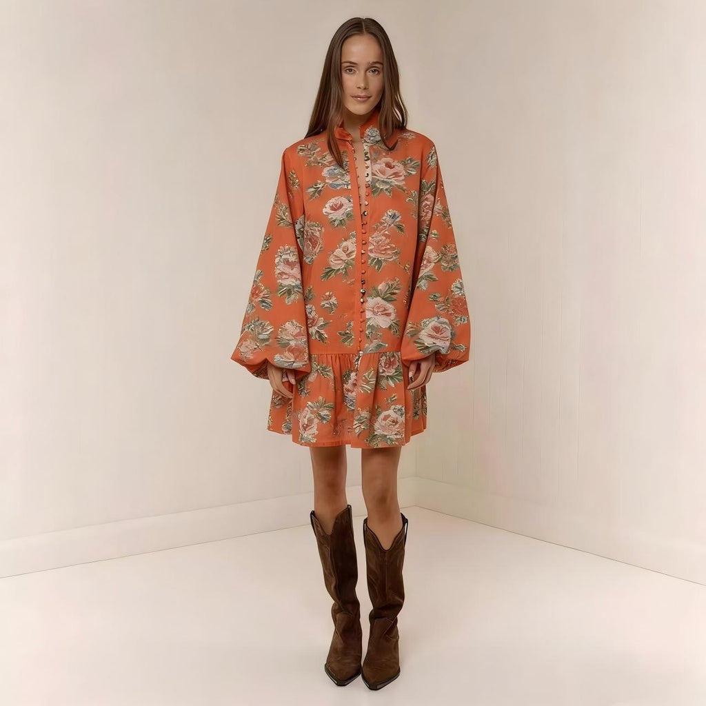 Digital print lantern sleeve linen midi dress by FitiqueFit, loose fit casualwear with lantern sleeves and pullover style.