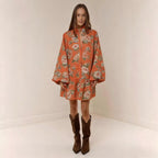 Digital print lantern sleeve linen midi dress by FitiqueFit, loose fit casualwear with lantern sleeves and pullover style.