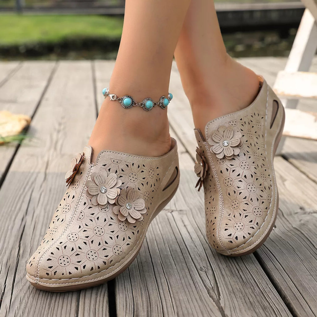 Shopimist floral decor round toe sandals with colorful floral accents and comfortable strap design, perfect for summer wear.