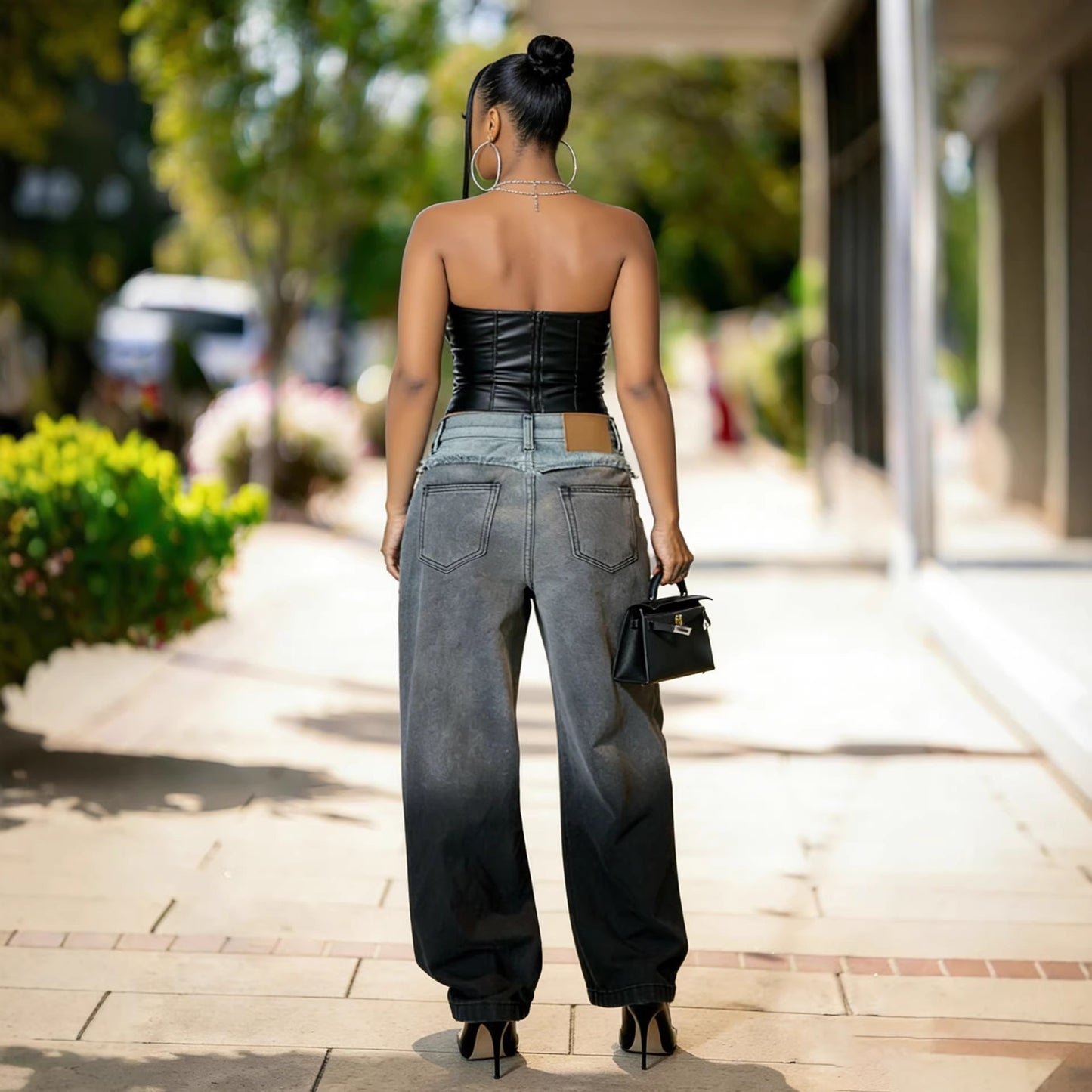 Eprolo street style gradient patchwork frayed jeans with distressed details and casual fit, showcasing trendy denim fashion.