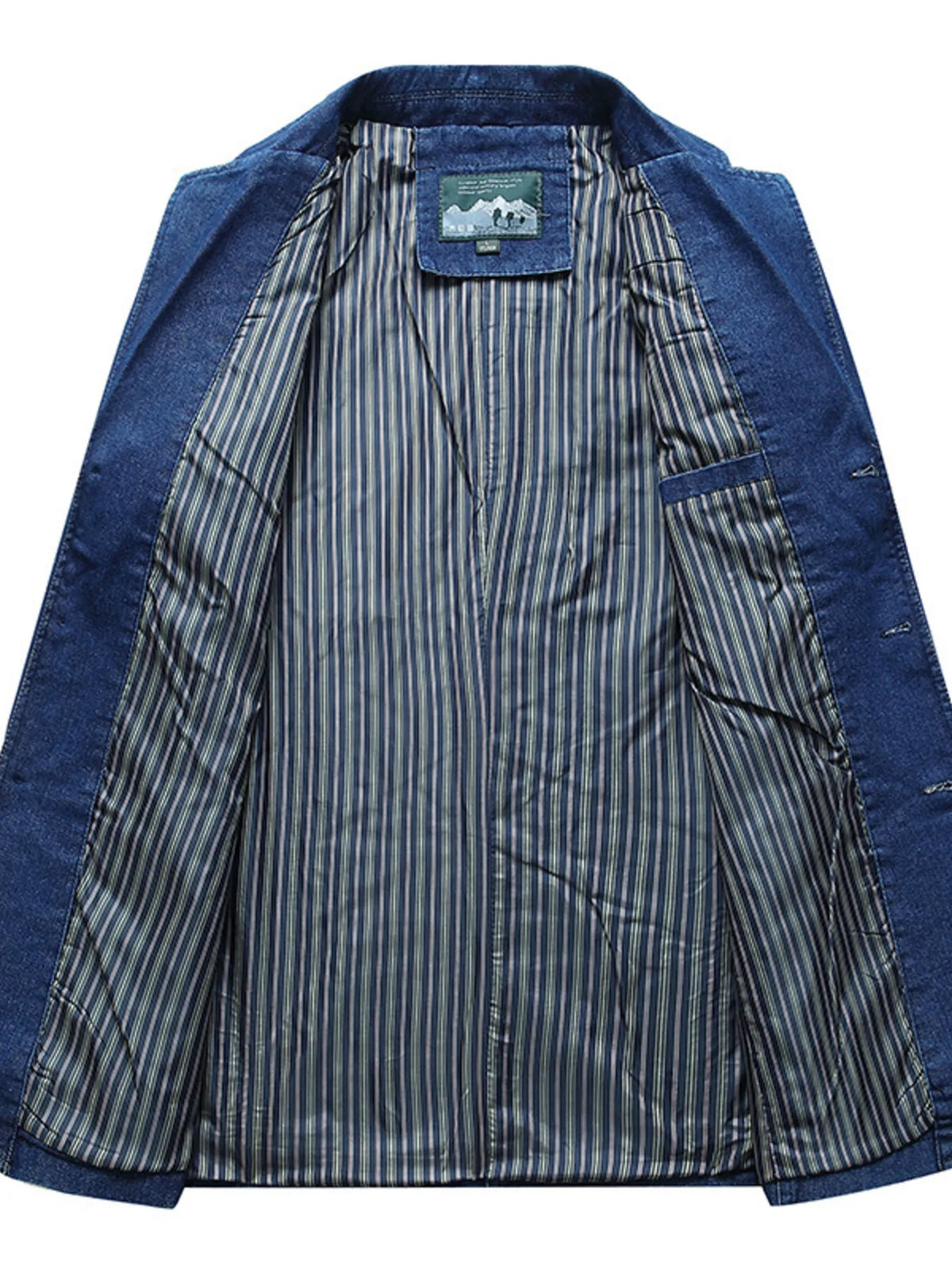 Plus size men's denim blazer by Plush Fashion Hub, long sleeve, fitted style, dark blue denim with button closure.