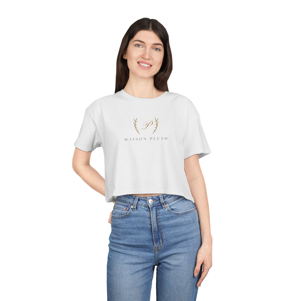 Maison Plush Monogram Crop Tee | Women's Cute Luxury Cropped T-Shirt
