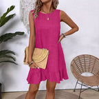 Women's ruffle lace-up mini dress by Plush Fashion Hub, short sleeve loose beach dress with ruffle details and casual style.