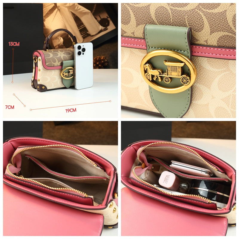 Leather Small Square Bag for Women, Fashionable Magenta Color, Handheld Mini Bag, Elegant and Stylish, Shoulder Crossbody Bag