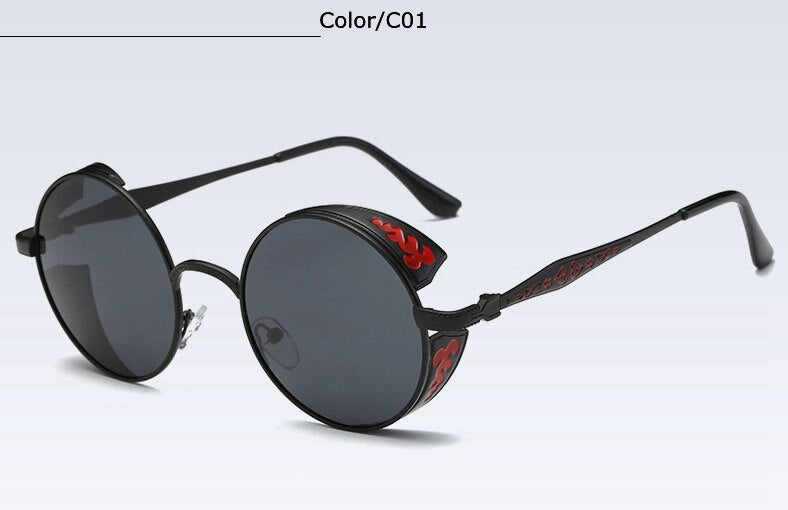 Fashion polarized steampunk sunglasses by FitiqueFit with round lenses and vintage metal frames, stylish eye wear accessory.
