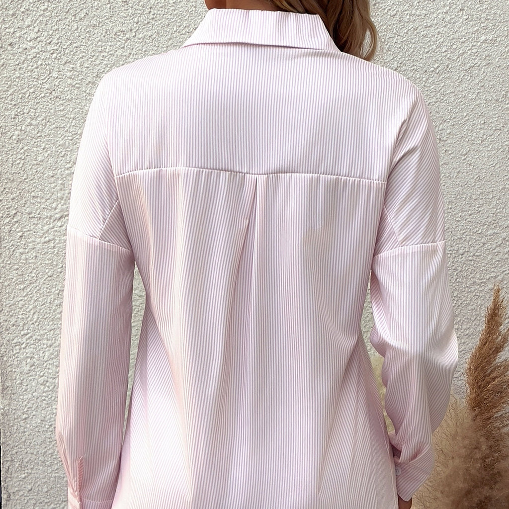 Women's striped long sleeve shirt top with lapel collar, casualwear by FitiqueFit featuring a stylish, relaxed fit.