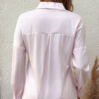 Women's striped long sleeve shirt top with lapel collar, casualwear by FitiqueFit featuring a stylish, relaxed fit.