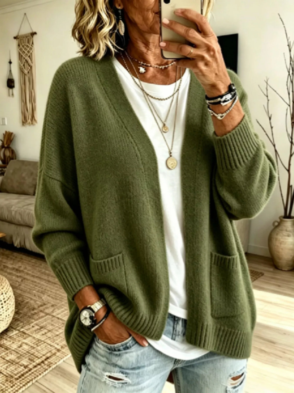 Open front knit cardigan with pockets from Trendsi, featuring a cozy, lightweight design and a casual, relaxed fit.