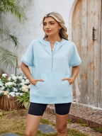Light gray half zip short sleeve hooded top from Trendsi, featuring a casual fit and comfortable fabric.
