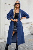 VYSN denim button-up long sleeve longline hooded outerwear, casual longline jacket with front buttons and hood, stylish and comfortable.
