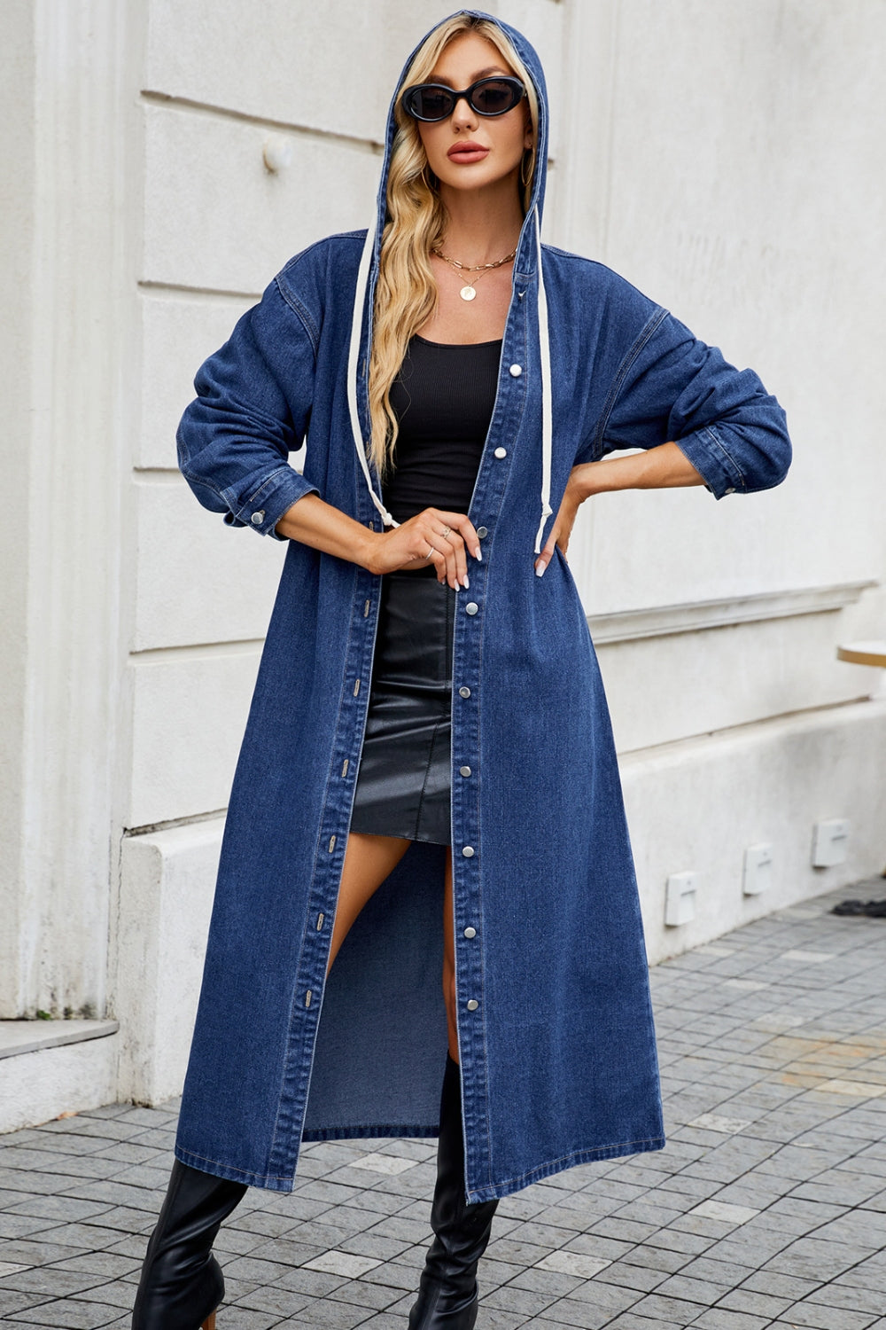 Longline hooded denim button-up long sleeve outerwear by Plush Fashion Hub, featuring a casual design and front button closure.