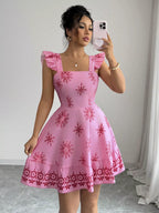 Printed Bow Back Square Neck Mini Dress by Shopimist featuring a square neckline and bow detail at the back, worn by a model.