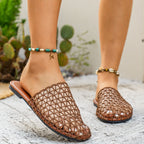 Women's woven net low heel sandals featuring comfortable PU leather straps and stylish dress shoe design.