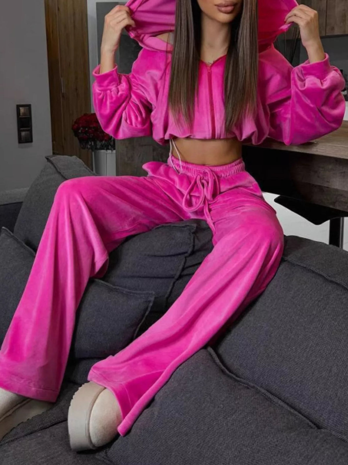 Plush Fashion Hub zip-up cropped outerwear and matching pants set, stylish and comfortable activewear or casual outfit.