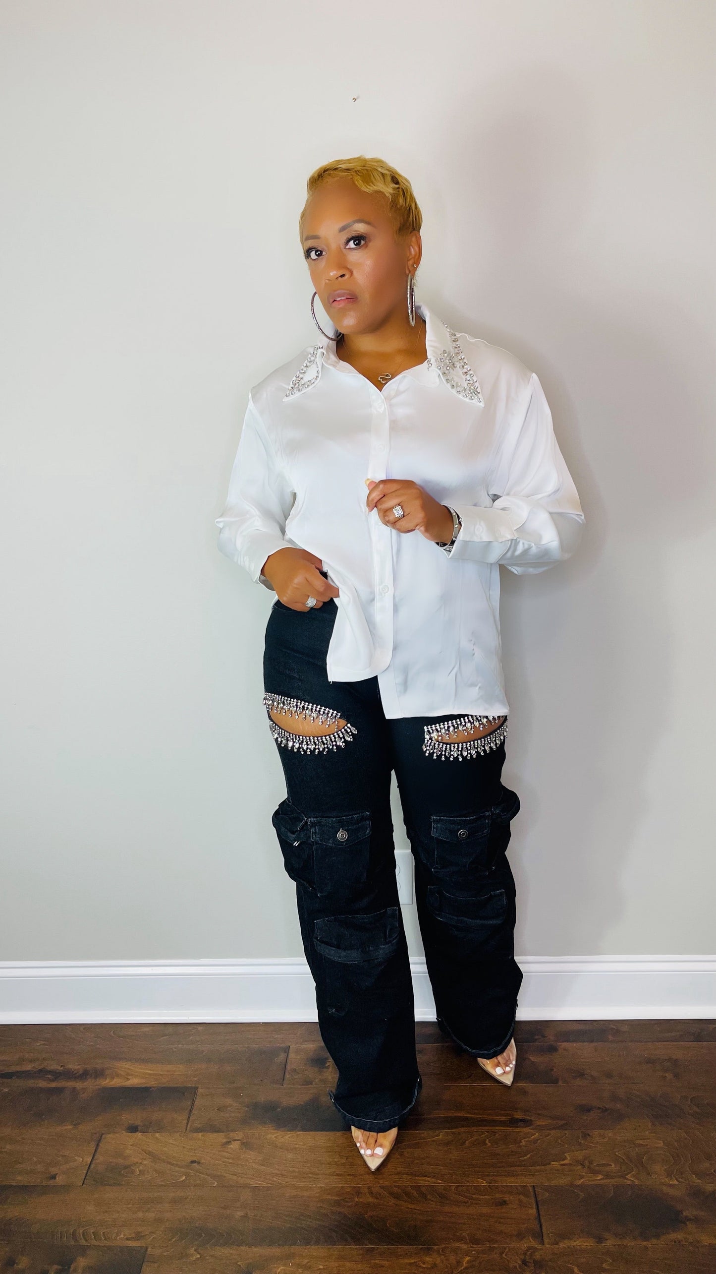 Satin Shirt with Rhinestone Collar The Bella Noire Store