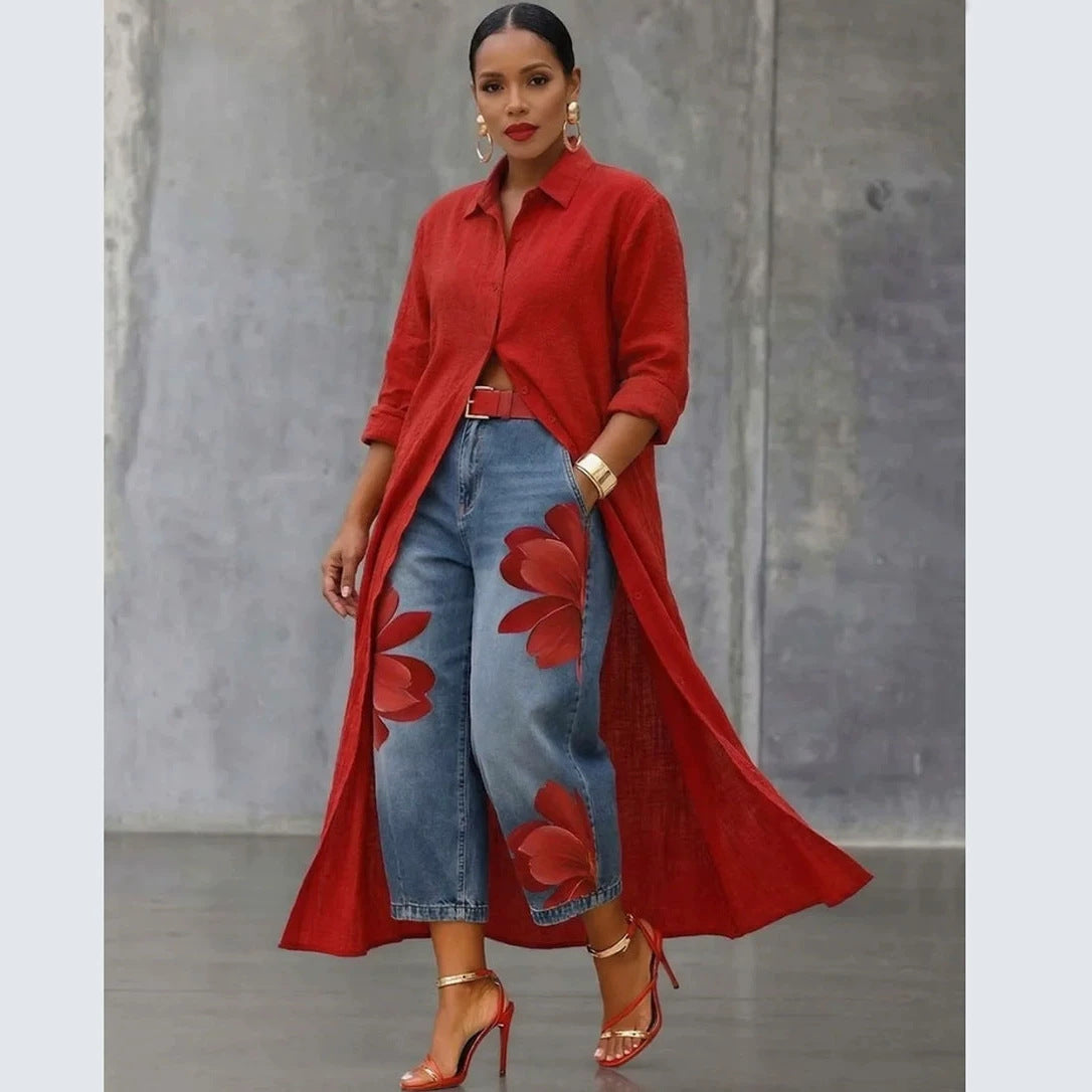 Women’s floral printed cropped denim jeans by Plush Fashion Hub featuring street style design and vibrant floral patterns.