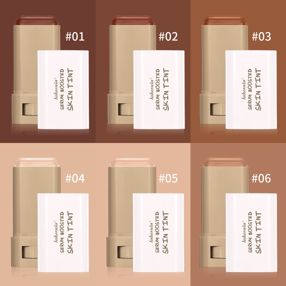 Six beige serum tint sticks numbered #01 through #06 with white caps and twist-up bases shown against a grid background.