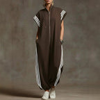 Fashionable Stripe Zipper Stand Collar Jumpsuit for Spring and Summer