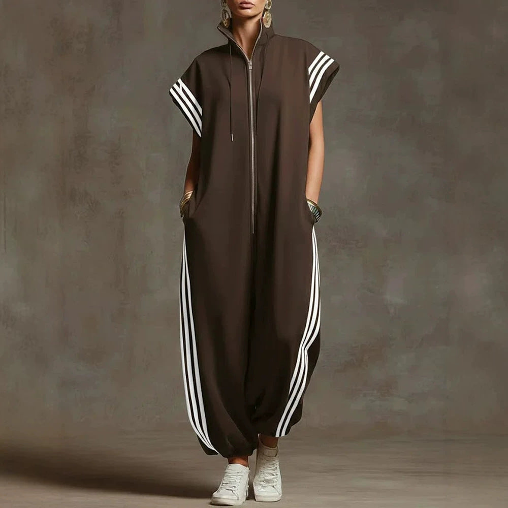 Striped zipper stand collar jumpsuit from Plush Fashion Hub, featuring long sleeves and a fitted silhouette.