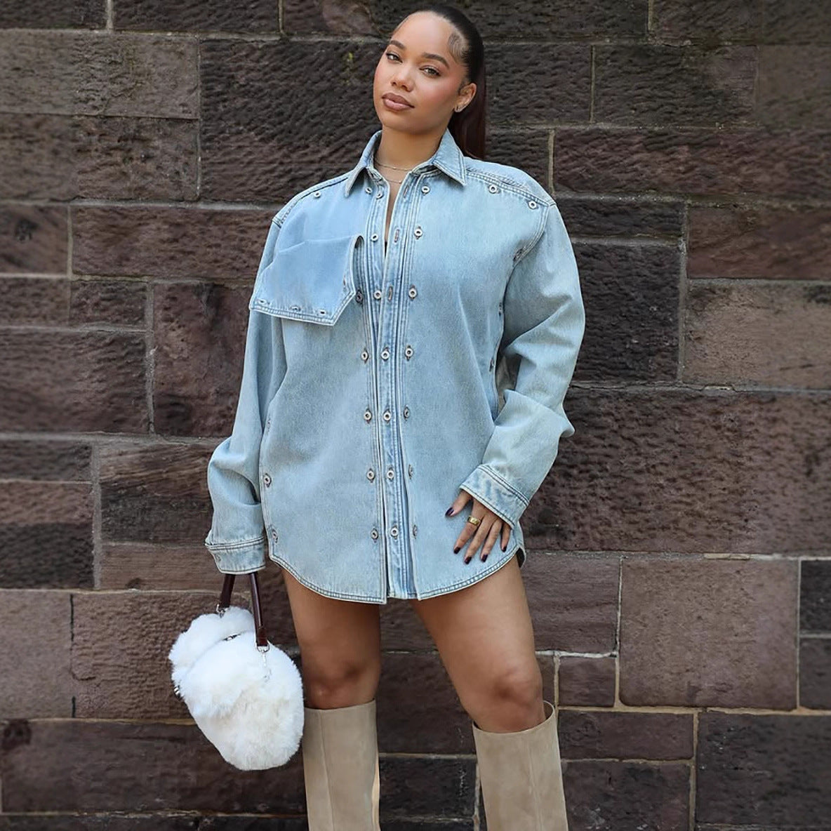 Western women's denim jacket by eprolo with patch design, loose fit long sleeve outerwear, casual and stylish.