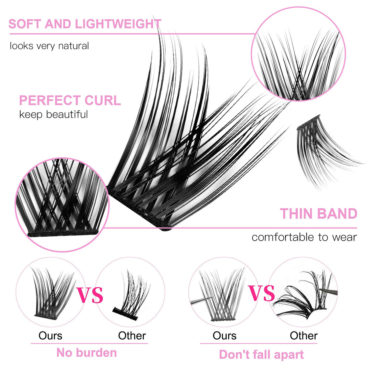 Black cluster eyelashes with a thin band and wispy style, with close-ups showing curl and durability comparisons.