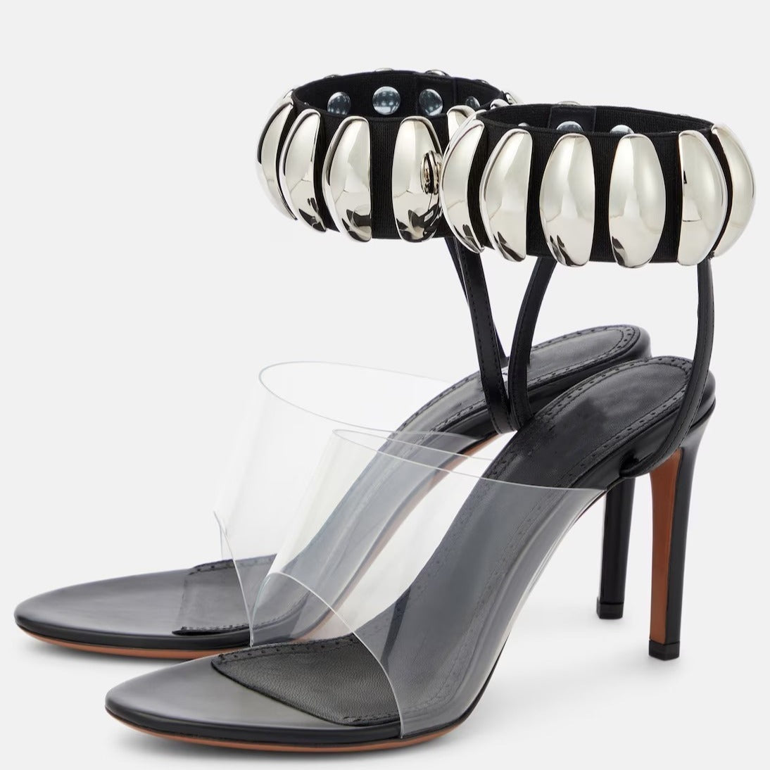 Clear buckle open-toe stilettos heels by eprolo featuring transparent straps and slender stiletto heels.