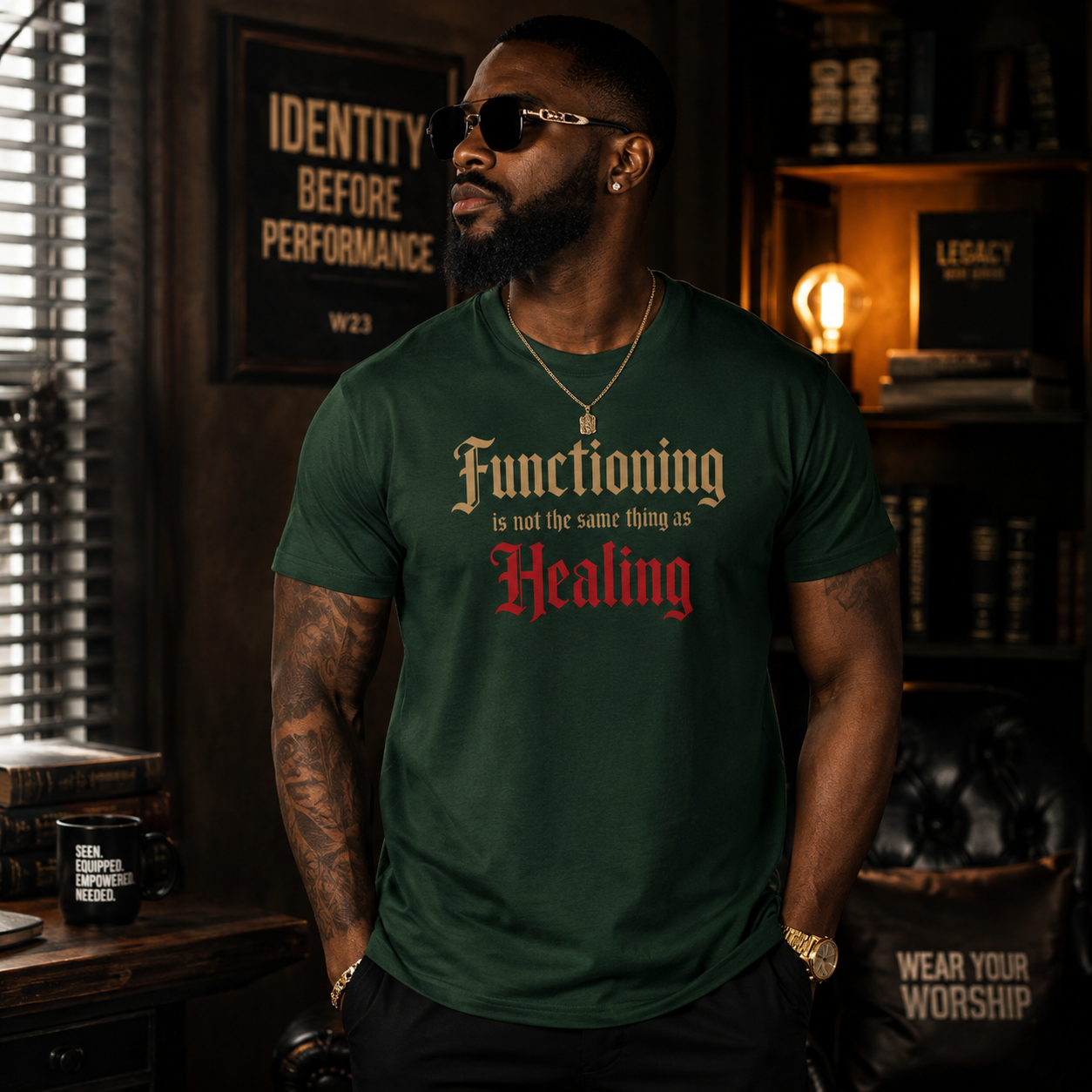 Wear Your Worship healing tee featuring bold text that reads "Functioning Is Not the Same Thing as Healing" on a comfortable T-shirt.