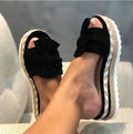 Women’s bow sandals with platform wedge heel, stylish ladies footwear from Trendy Attic Store01, showcasing the elegant design and straps.