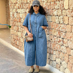 Women'sDenim Jumpsuit Washed Single-Button Short Sleeve Loose Jumpsuit
