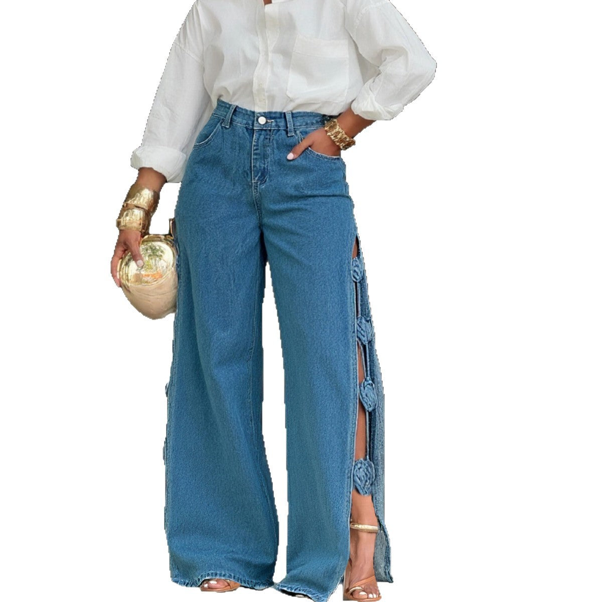 Handmade 3D flower hollow-out split women’s jeans by Plush Fashion Hub, featuring floral embroidery and distressed design.