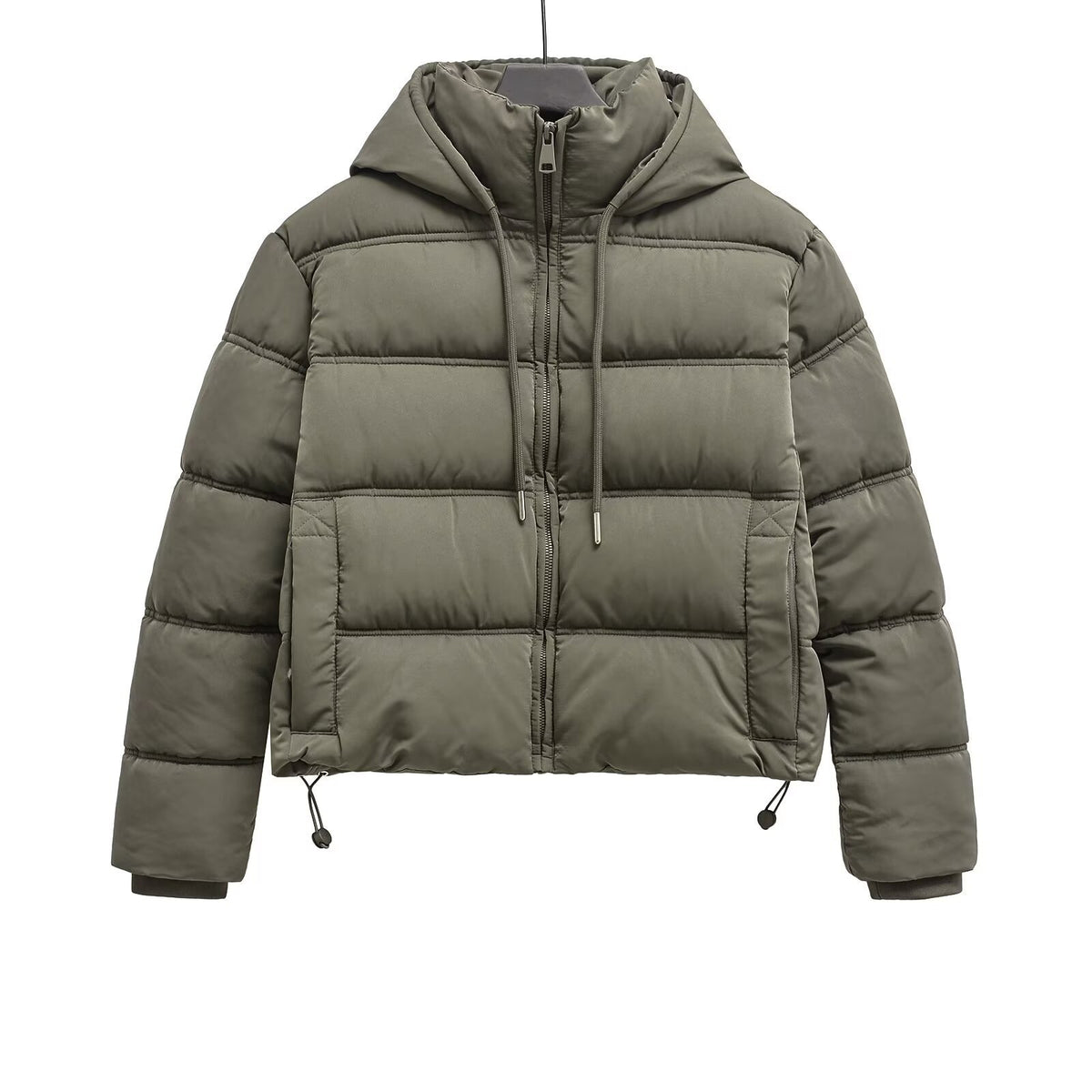 Olive green hooded puffer jacket with a front zipper, side pockets, and adjustable drawstrings.