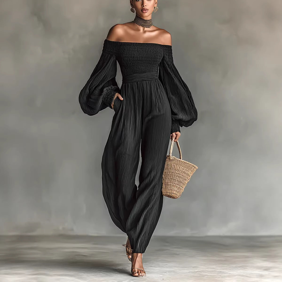 Eprolo off-shoulder lantern sleeve pleated loose jumpsuit for women, stylish and comfortable with flowing fabric and relaxed fit.