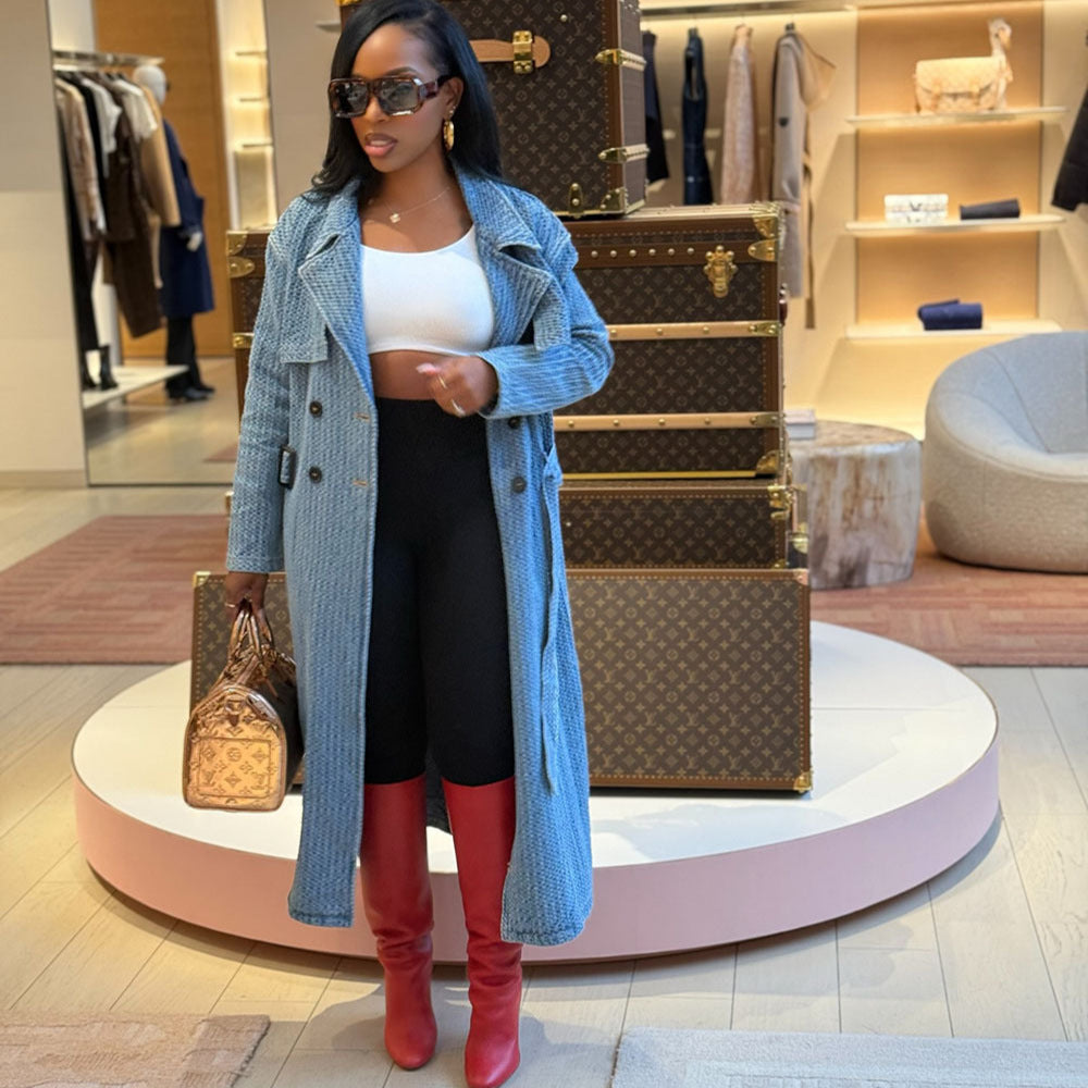 Women's loose denim trench coat with long sleeves and belt, styled for street fashion by eprolo.